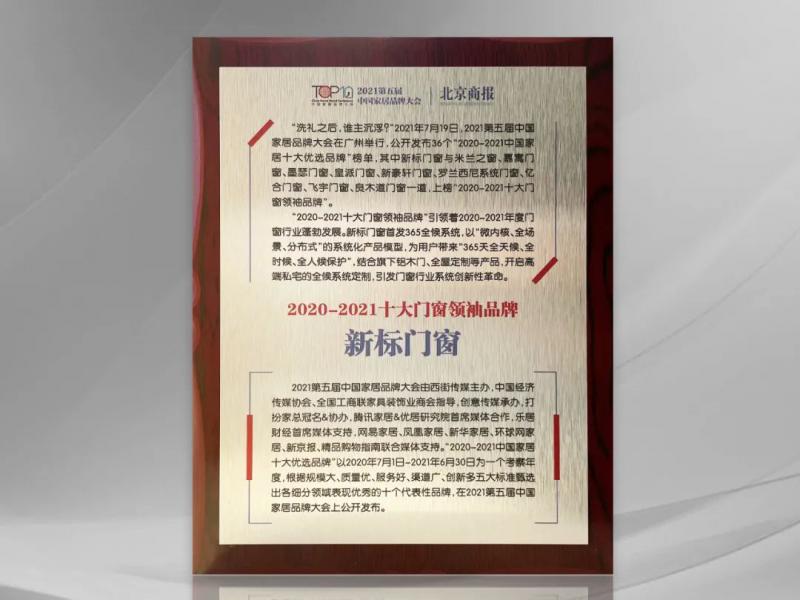荣誉见证！新标门窗荣膺&ldquo;十大门窗领袖品牌&rdquo;！